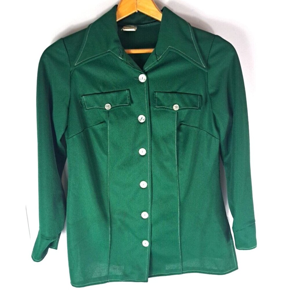 Vintage Womens Leisure Suit Jacket Top Kelly Green Western Stitch Disco M / L